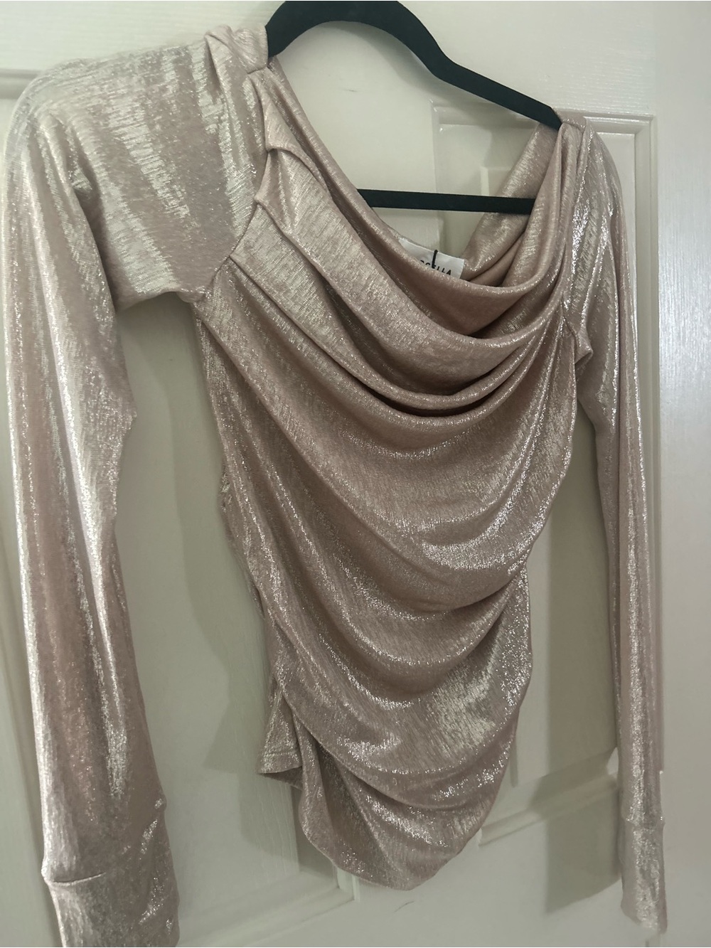 Draped Metallic Long-Sleeve Blouse - Champagne